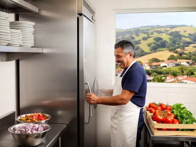 A man with short black hair going gray beside new equipment in a small family restaurant.