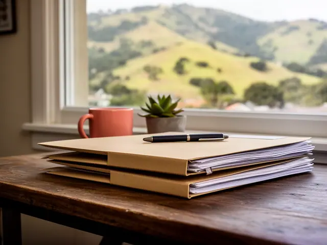 A neat stack of closed manila folders and a pen on a desk by a window.