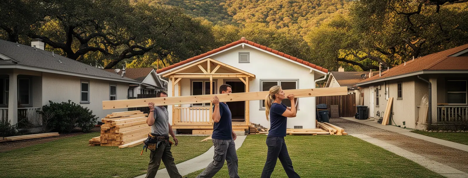 Three carpenters carrying a long plank along a street of stucco bungalows toward a house remodel.