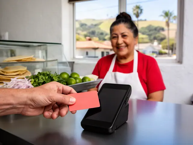 A customer taps a card on a counter terminal at a small taqueria.