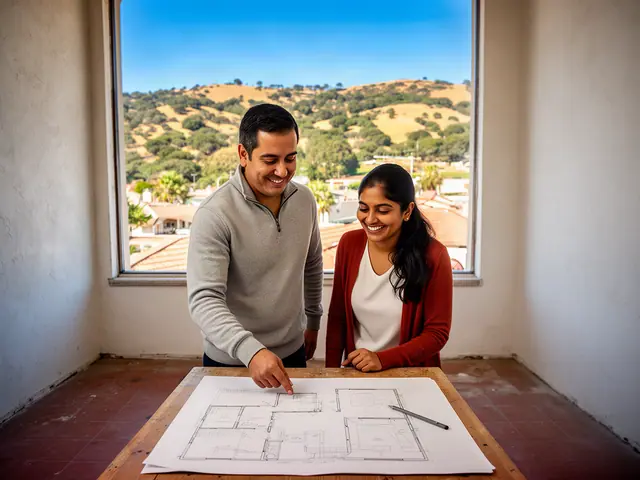Two business partners looking over a pencil floor sketch in an empty storefront.