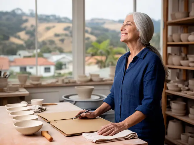 A woman with long silver hair in a low ponytail at a work table with a closed folder in a small ceramics studio.